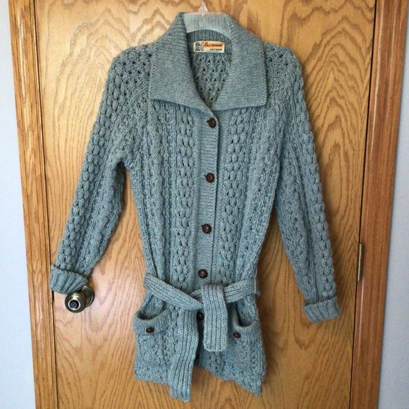 Ballybunion Knitwear Sweaters - Ballybunion Knitwear - Vintage Light Blue Long Cardigan 100% Wool Sweater made